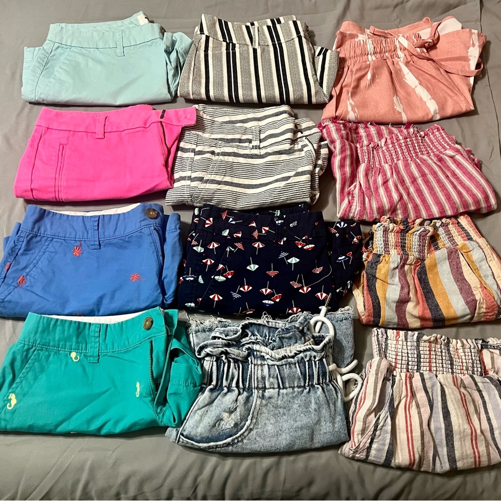 Assortment of 12 pairs of summer shorts in a variety of colors and prints